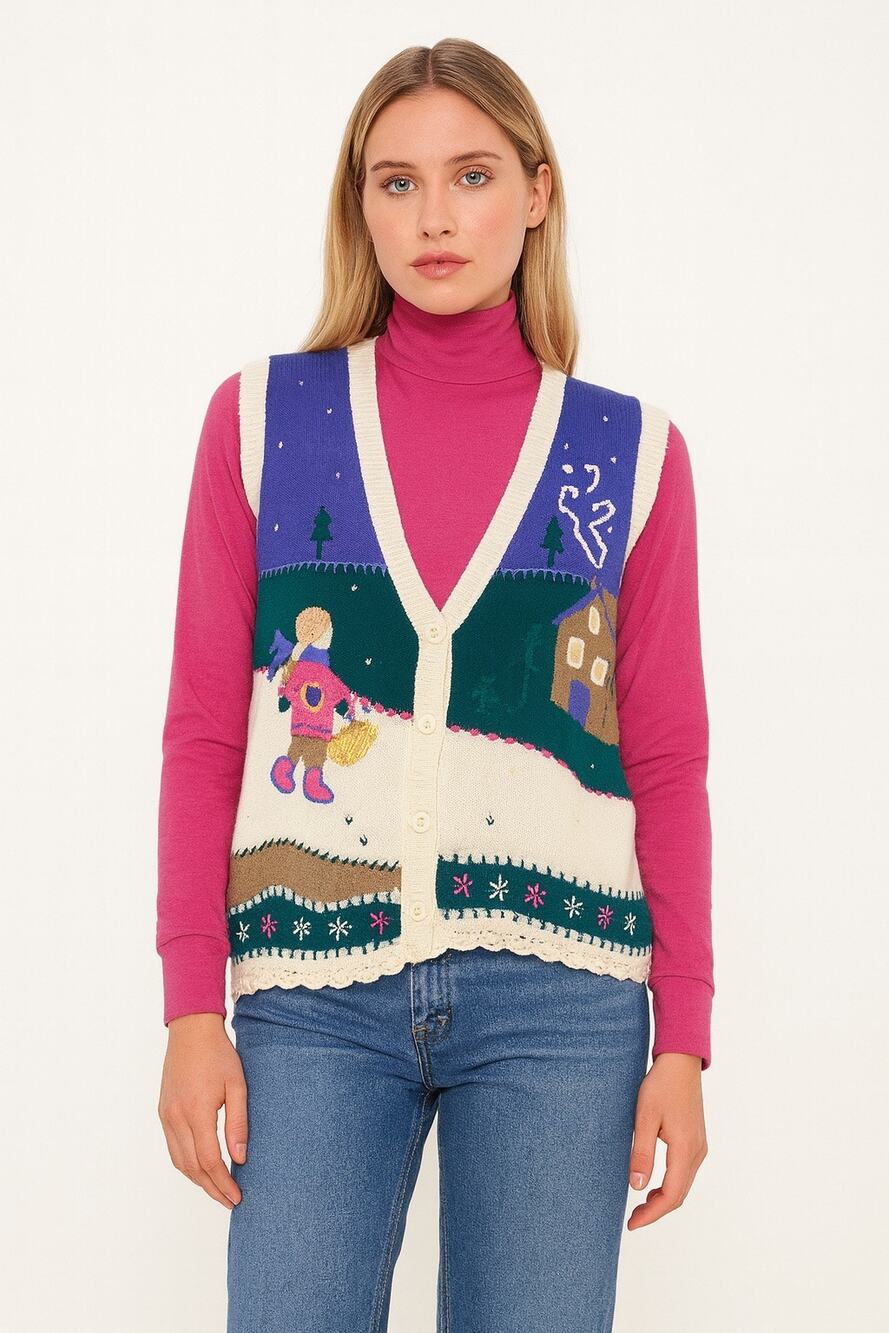 Vintage Napa Balley Knit sweater Vest with Winter Scene ramie cotton grandma Med